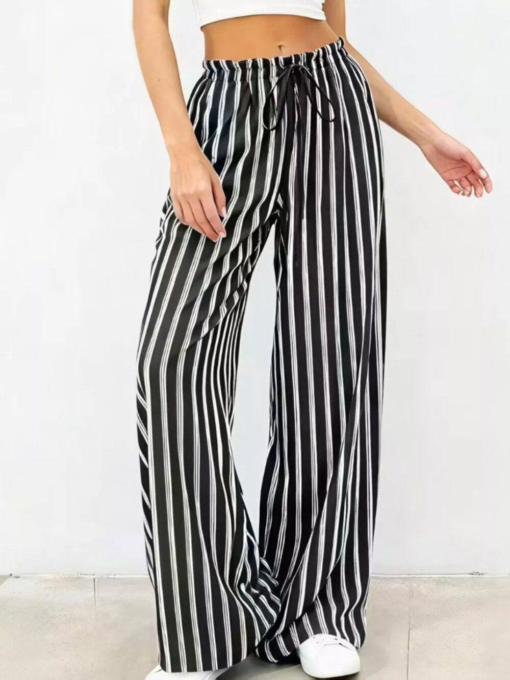 Striped Wide-Leg Drawstring Pants - Picture 4 of 9